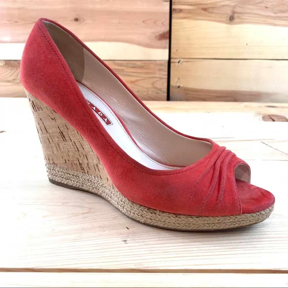 Prada Suede Open Toe Cork Wedge Pumps shoes 38 - Picture 2 of 16